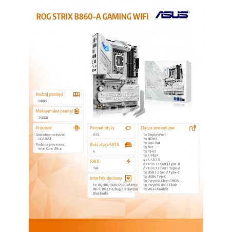 Płyta główna ROG STRIX B860-A GAMING WIFI s1851 4DDR5 USB ATX Płyta główna ROG STRIX B860-A GAMING WIFI s1851 4DDR5 USB ATX