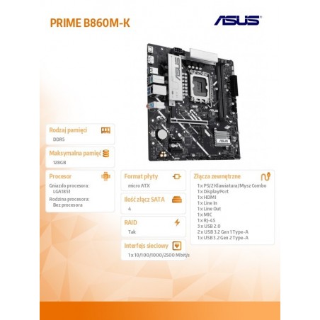Płyta główna PRIME B860M-K s1851 XDDR5 USBC mATX Płyta główna PRIME B860M-K s1851 XDDR5 USBC mATX