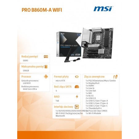 Płyta główna PRO B860M-A WIFI s1851 4DDR5 mATX Płyta główna PRO B860M-A WIFI s1851 4DDR5 mATX