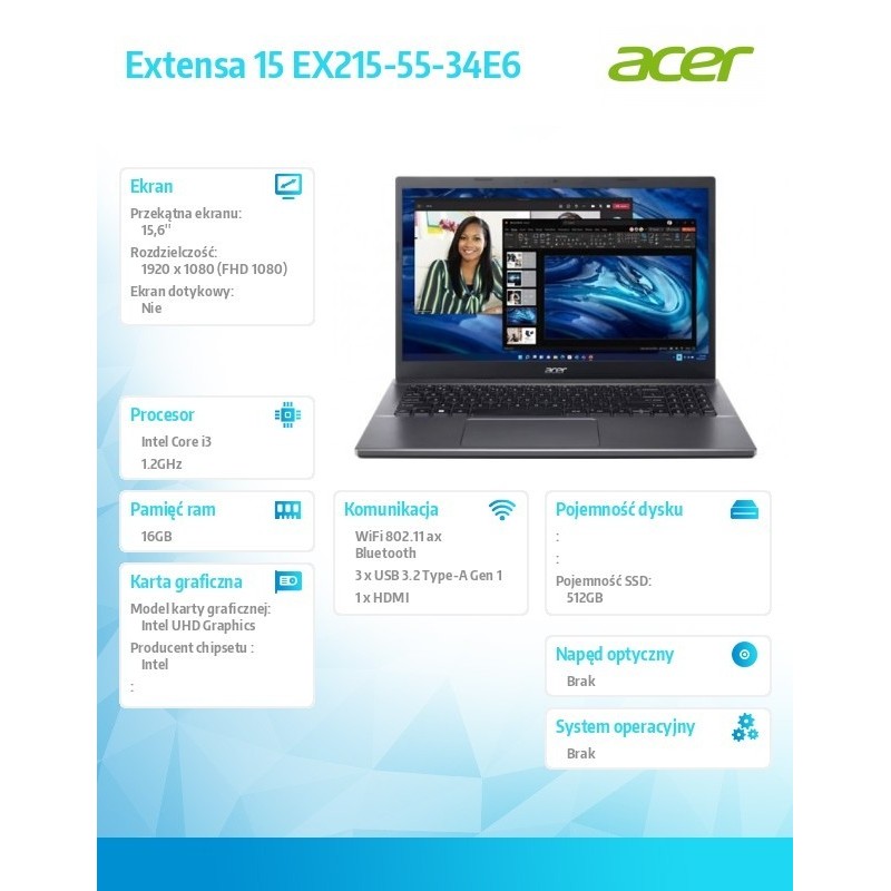 Laptop Extensa 15 EX215-55-34E6 i3-1215U/15.6 Full HD/16 GB/512GB SSD/NoOS Laptop Extensa 15 EX215-55-34E6 i3-1215U/15.6 Full HD/16 GB/512GB SSD/NoOS