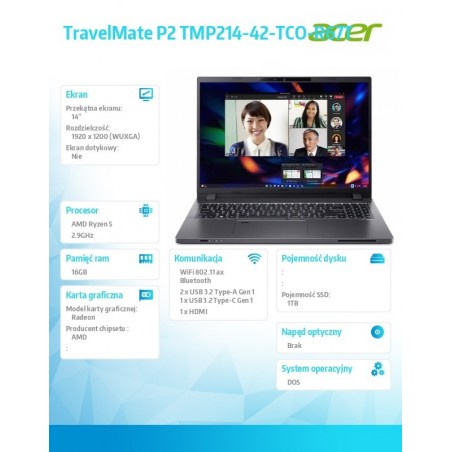 Laptop TravelMate P2 TMP214-42-TCO-R67T R5 PRO 6650U/14.0 FHD IPS/16GB/1TB SSD/DOS Laptop TravelMate P2 TMP214-42-TCO-R67T R5 PRO 6650U/14.0 FHD IPS/16GB/1TB SSD/DOS