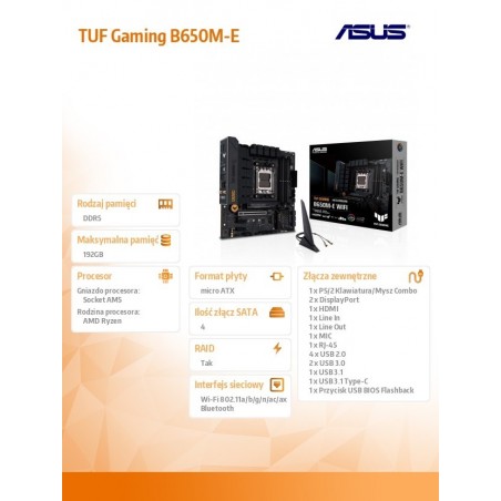Płyta główna TUF Gaming B650M-E WIFI AM5 4DDR5 HDMI mATX Płyta główna TUF Gaming B650M-E WIFI AM5 4DDR5 HDMI mATX