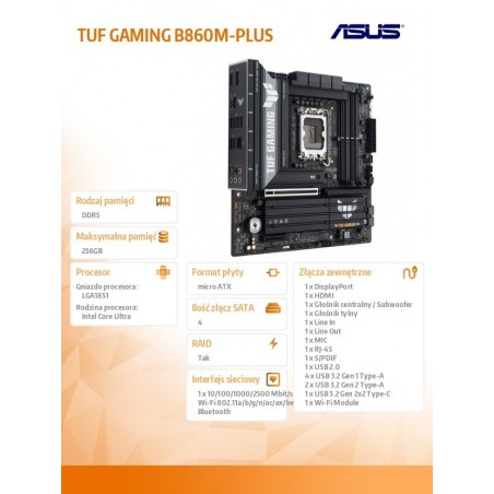 Płyta główna TUF GAMING B860M-PLUS s1851 4DDR5 USBC mATX Płyta główna TUF GAMING B860M-PLUS s1851 4DDR5 USBC mATX