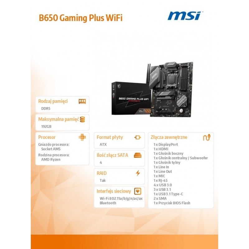 Płyta główna B650 GAMING PLUS WIFI AM5 4DDR5 HDMI/DP ATX 
