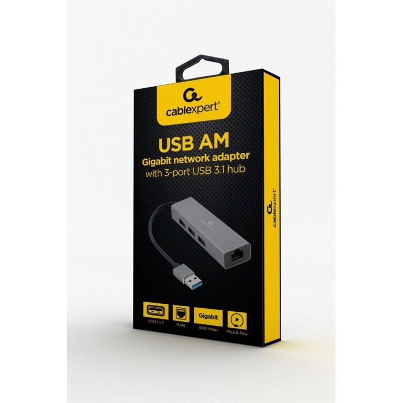 Adapter USB-AM to LAN GbE Hub 3xUSB 3.0 