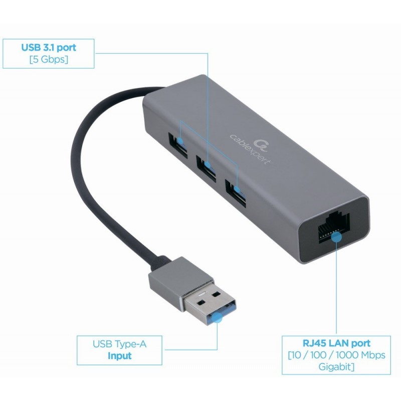 Adapter USB-AM to LAN GbE Hub 3xUSB 3.0 