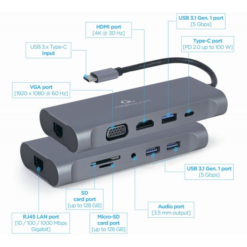 Adapter USB-C Hub USB-C PD GbE VGA HDMI 3xUSB 3.1 card audio 