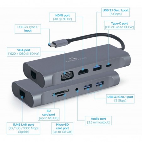 Adapter USB-C Hub USB-C PD GbE VGA HDMI 3xUSB 3.1 card audio 