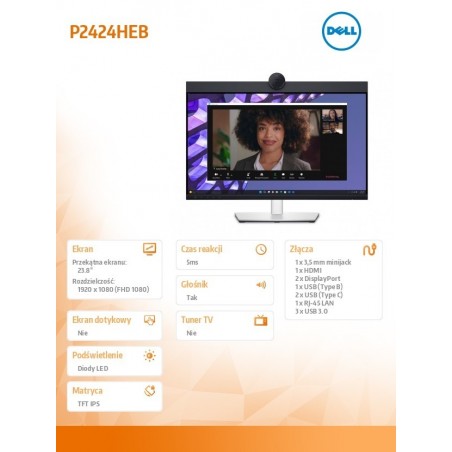 Monitor P2424HEB 23.8 cala LED IPS Full HD (1920 x1080)/16:9/HDMI/DP/ RJ-45/Kamera/Głośniki/Mikrofon/3YPPG Monitor P2424HEB 23.8 cala LED IPS Full HD (1920 x1080)/16:9/HDMI/DP/ RJ-45/Kamera/Głośniki/Mikrofon/3YPPG