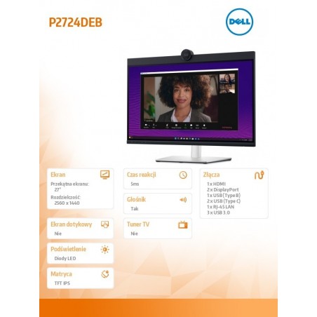 Monitor P2724DEB 27 cali LED IPS QHD (2560x1440)/16:9/HDMI/DP/RJ-45/Kamera/Głośniki/Mikrofon/3YPPG Monitor P2724DEB 27 cali LED IPS QHD (2560x1440)/16:9/HDMI/DP/RJ-45/Kamera/Głośniki/Mikrofon/3YPPG