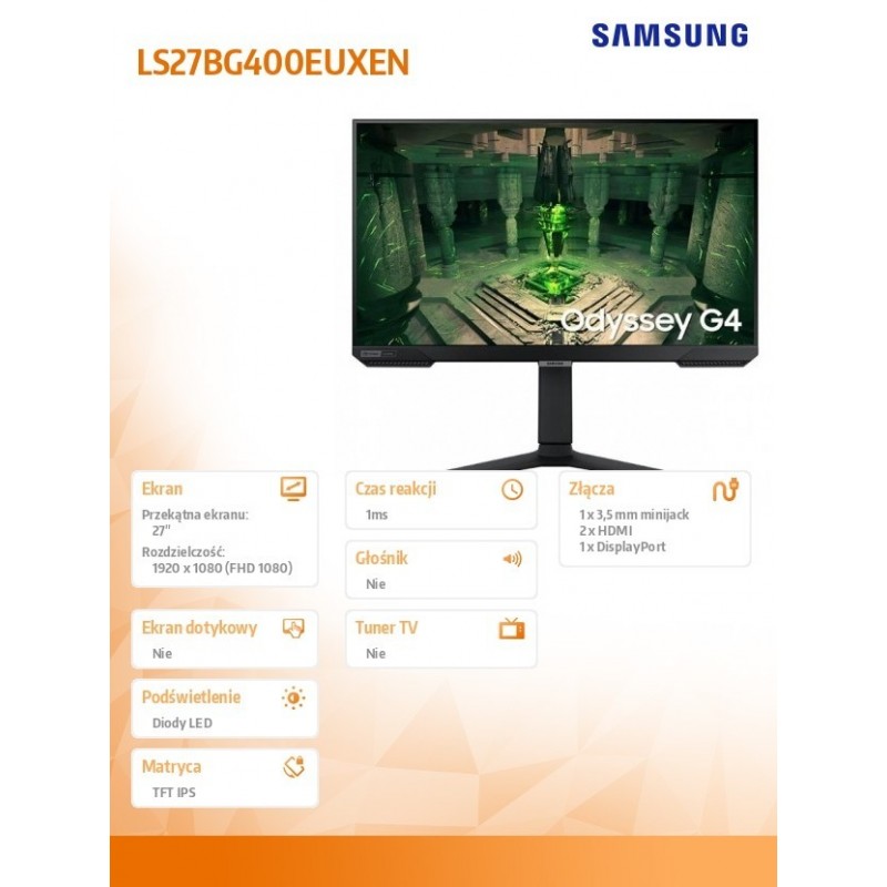 Monitor 27 cali LS27BG400EUXEN IPS 1920x1080 FHD 16:9 2xHDMI/1xDP 1 ms (GTG) płaski HAS+PIVOT 240Hz Gaming 2 lata d2d