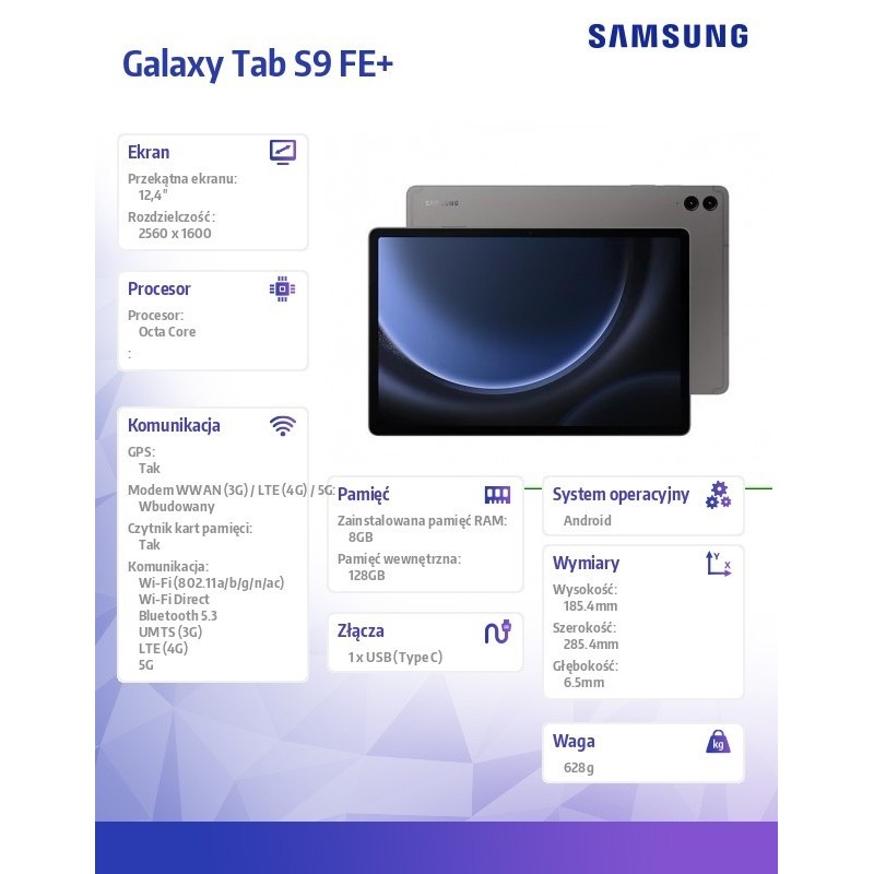 Tablet Galaxy Tab S9 FE+ X616 12.4 cala 5G 8/128 GB Szary 