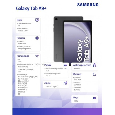 Tablet Galaxy Tab A9+ 11. cali 5G 4/64 GB Szary Tablet Galaxy Tab A9+ 11. cali 5G 4/64 GB Szary