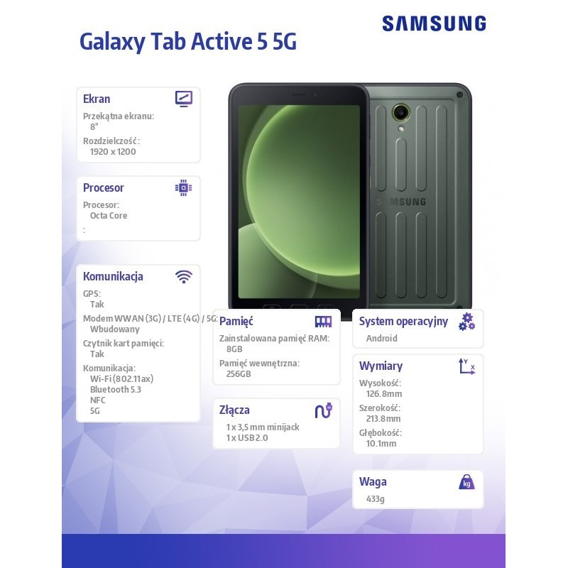 Tab Active5 5G (8.0 cali, 8+256GB) Enterprise Edition Czarny