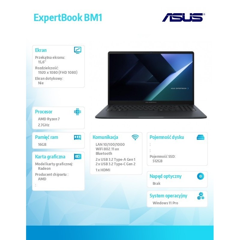 Notebook ExpertBook BM1 BM1503CDA-S70067X - R7 7735U/16GB/512GB/15.6 FHD/Win 11 PRO/3YRS Notebook ExpertBook BM1 BM1503CDA-S70067X - R7 7735U/16GB/512GB/15.6 FHD/Win 11 PRO/3YRS