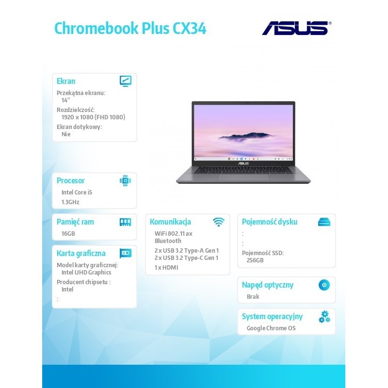 Notebook Chromebook Plus CX34/CX3402 Intel Core i5-1335U/16GB/256GB/14 cali/ChromeOS/3Y Notebook Chromebook Plus CX34/CX3402 Intel Core i5-1335U/16GB/256GB/14 cali/ChromeOS/3Y
