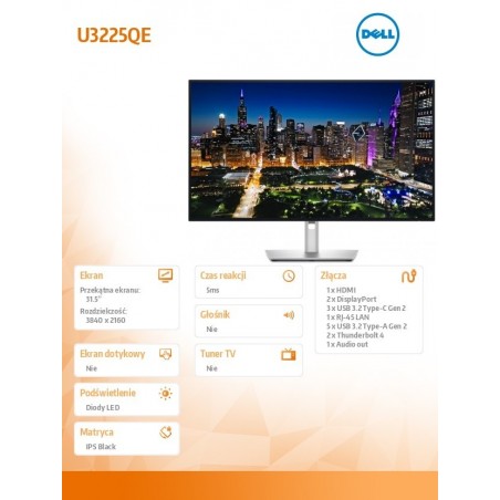 Monitor U3225QE 31,5 cala IPS Black LED 4K(3840x2160)/16:9/Thunderbolt/HDMI/DP/USB-C/USB/RJ-45/3Y Monitor U3225QE 31,5 cala IPS Black LED 4K(3840x2160)/16:9/Thunderbolt/HDMI/DP/USB-C/USB/RJ-45/3Y