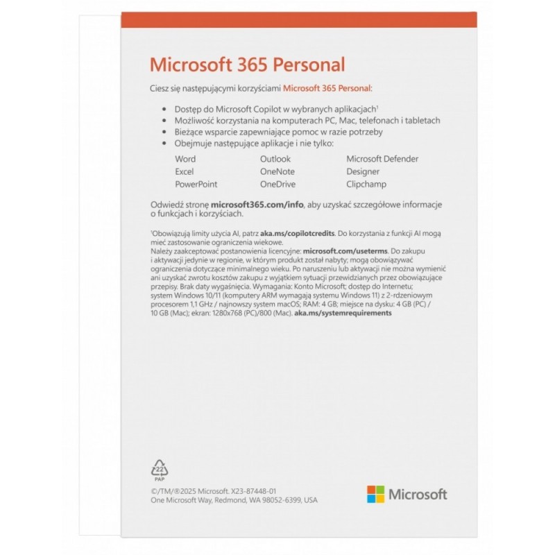 M365 Personal PL 1Y 1U 5D Win/Mac EP2-32454 M365 Personal PL 1Y 1U 5D Win/Mac EP2-32454