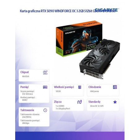 Karta graficzna RTX 5090 WINDFORCE OC 3 2GB 512bit GDDR7 DP/HDMI Karta graficzna RTX 5090 WINDFORCE OC 3 2GB 512bit GDDR7 DP/HDMI
