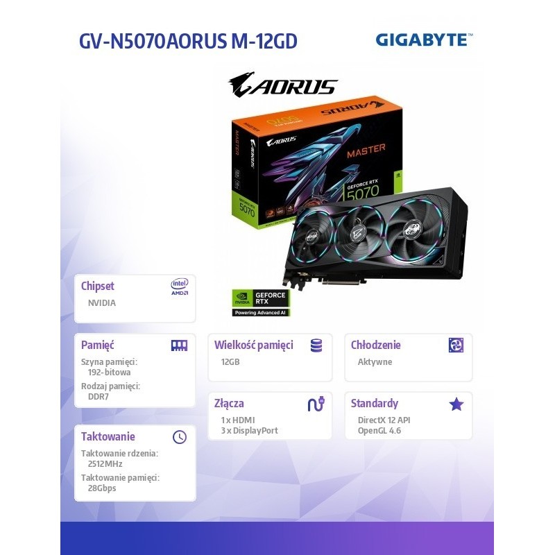 Karta graficzna RTX 5070 AORUS MASTER 12GB GDDR7 192bit HDMI/DP 