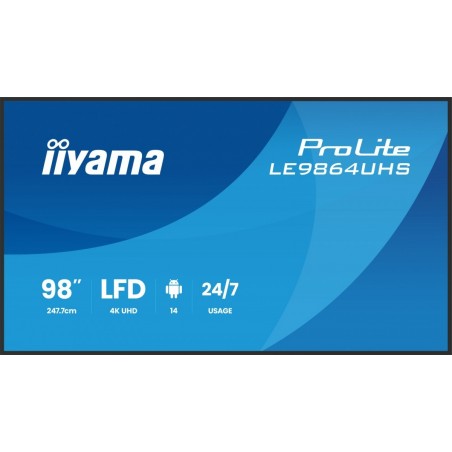 Monitor 98 cali LE9864UHS-B1AG, 24/7,VA,ANDROID14,4K,500cd,5000:1, 2xHDMI ,USB-C,RJ45, RS-232c, IR, 2x10W, 2xUSB, UCHWYT ŚCI Monitor 98 cali LE9864UHS-B1AG, 24/7,VA,ANDROID14,4K,500cd,5000:1, 2xHDMI ,USB-C,RJ45, RS-232c, IR, 2x10W, 2xUSB, UCHWYT ŚCI