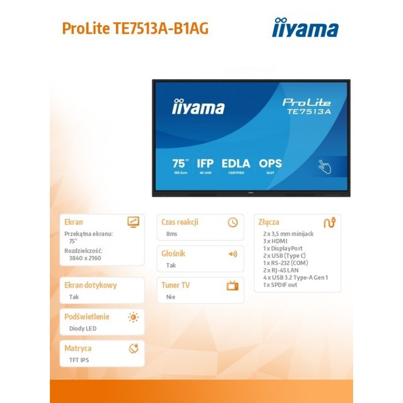 Monitor 75 cali TE7513A-B1AG INFRARED,40pkt,IPS,4K,7H,450cd/m2,      WiFi,USB, ANDROID 14, Google EDLA,2x20W, UCHWYT CIENNY  Monitor 75 cali TE7513A-B1AG INFRARED,40pkt,IPS,4K,7H,450cd/m2,      WiFi,USB, ANDROID 14, Google EDLA,2x20W, UCHWYT CIENNY