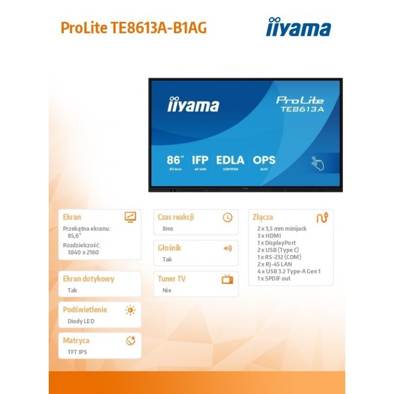 Monitor 86 cali TE8613A-B1AG INFRARED,40pkt,IPS,4K,7H,450cd/m2,      WiFi,USB, ANDROID 14, Google EDLA,2x20W, UCHWYT CIENNY  Monitor 86 cali TE8613A-B1AG INFRARED,40pkt,IPS,4K,7H,450cd/m2,      WiFi,USB, ANDROID 14, Google EDLA,2x20W, UCHWYT CIENNY