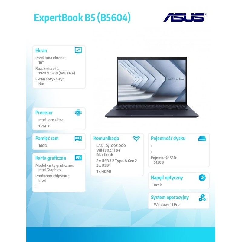 Notebook ExpertBook B5 B5604CMA-Q90499X - ultra 5 125H/16GB/512GB/16 WUXGA/Win 11 Pro/3YRS