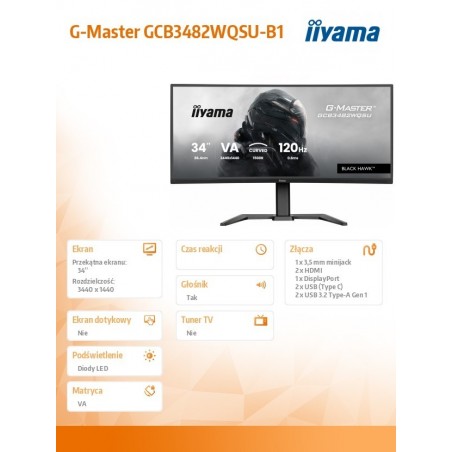 Monitor 34 cale G-Master GCB3482WQSU-B1,VA,UWQHD,120HZ,1500R, 21:9, 500cd,2x5W Monitor 34 cale G-Master GCB3482WQSU-B1,VA,UWQHD,120HZ,1500R, 21:9, 500cd,2x5W