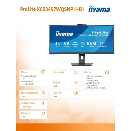 Monitor 34 cale XCB3497WQSNPH-B1,VA,UWQHD,1500R,USB-C Dock 95W, RJ45, KVM,2x5W, kamera 5MP, /5y/ Monitor 34 cale XCB3497WQSNPH-B1,VA,UWQHD,1500R,USB-C Dock 95W, RJ45, KVM,2x5W, kamera 5MP, /5y/