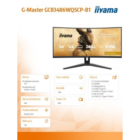 Monitor G-Master 34 cale GCB3486WQSCP-B1,VA,UWQHD,240HZ,1500R,500cd,21:9, USB-C dock 95W, RJ45, 2x5W Monitor G-Master 34 cale GCB3486WQSCP-B1,VA,UWQHD,240HZ,1500R,500cd,21:9, USB-C dock 95W, RJ45, 2x5W