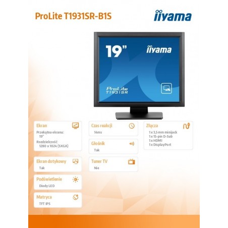 Monitor 19 cali T1931SR-B1S RESIS.IP54,HDMI,DP,VGA,2x1W,5:4 Monitor 19 cali T1931SR-B1S RESIS.IP54,HDMI,DP,VGA,2x1W,5:4