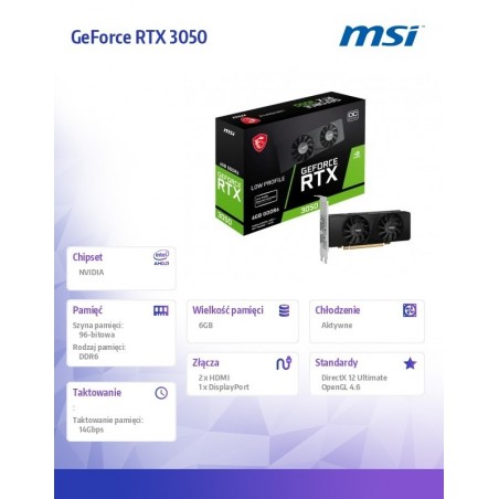 Karta graficzna GeForce RTX 3050 LP 6G OC 6GB GDDR6 96bit DP/2HDMI Karta graficzna GeForce RTX 3050 LP 6G OC 6GB GDDR6 96bit DP/2HDMI