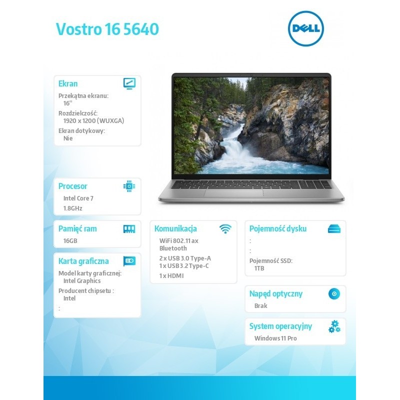 Notebook Vostro 16 (5640) Win11Pro 7-150U/16GB/1TB SSD/16.0 FHD+/Intel Graphics/WLAN+BT/Backlit Kb/4 Cell/3YPS