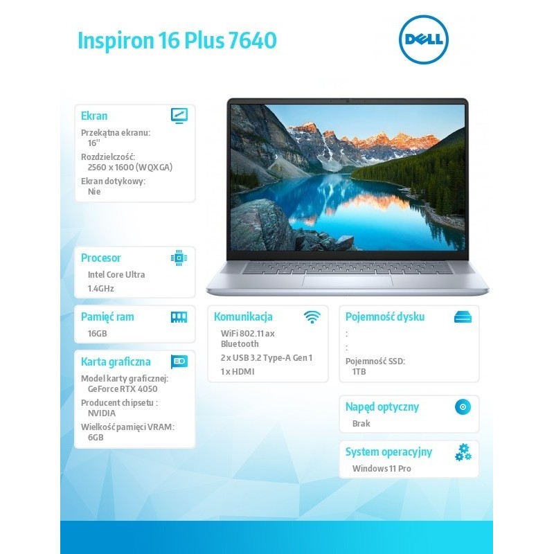 Notebook Inspiron Plus 7640 Win11Pro Ultra 7 155H/16GB/1TB SSD/16.0 2,5K 2560x1600/RTX 4050/FgrPr/FHD Cam/Mic /Backlit Kb/90 Wh/ Notebook Inspiron Plus 7640 Win11Pro Ultra 7 155H/16GB/1TB SSD/16.0 2,5K 2560x1600/RTX 4050/FgrPr/FHD Cam/Mic /Backlit Kb/90 Wh/
