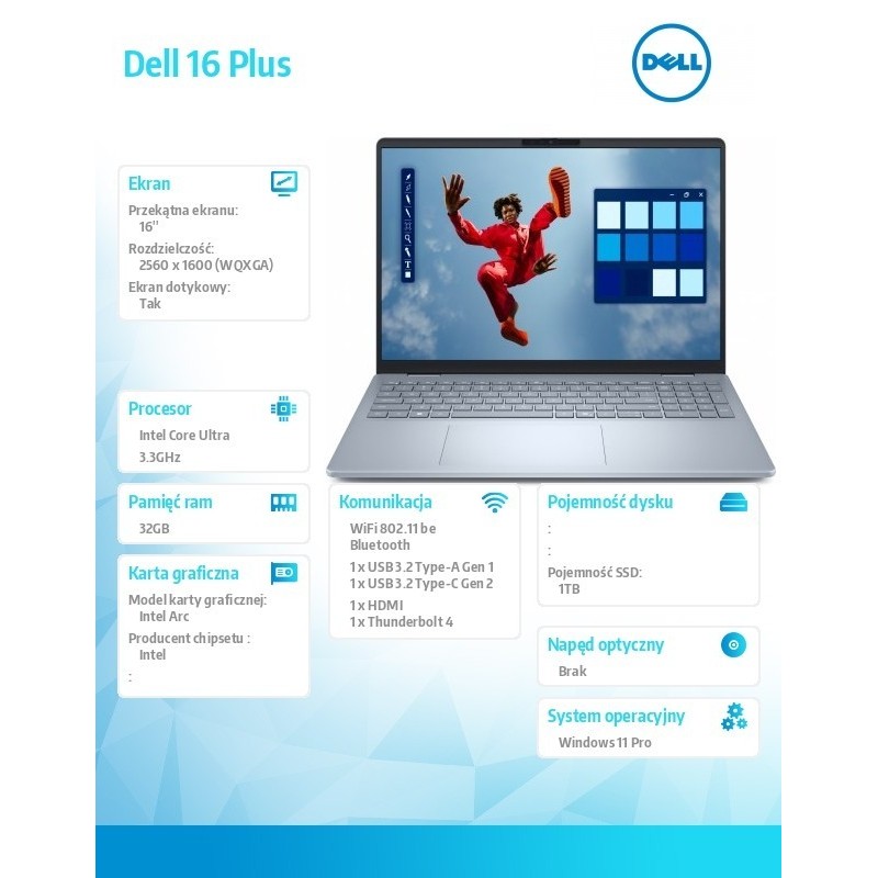 Notebook Dell 16 Plus DB16250 Win11Pro Ultra 9 288V/32GB/1TB/16.0 2.5K/Arc/FgrPr/WLAN + BT/Backlit Kb/4 Cell/3Y ProSupport