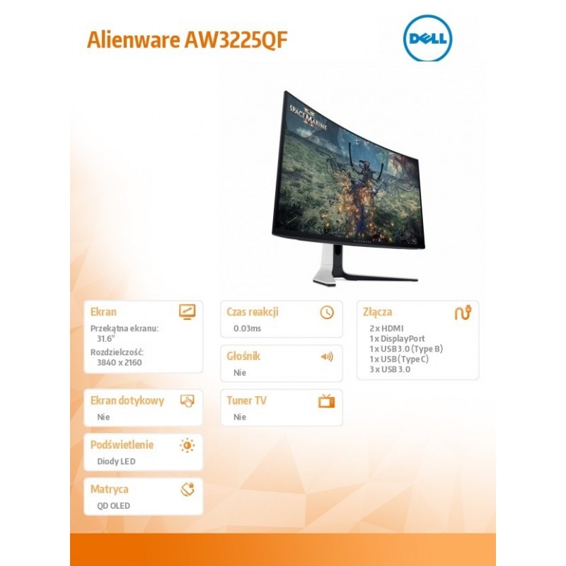 Monitor AW3225QF 31.6 cala Curved NVIDIA G-Sync Compatible 240Hz OLED 4K (3840x2160)/16:9/2xHDMI/5xUSB 3.2/3Y AES&PPE Monitor AW3225QF 31.6 cala Curved NVIDIA G-Sync Compatible 240Hz OLED 4K (3840x2160)/16:9/2xHDMI/5xUSB 3.2/3Y AES&PPE