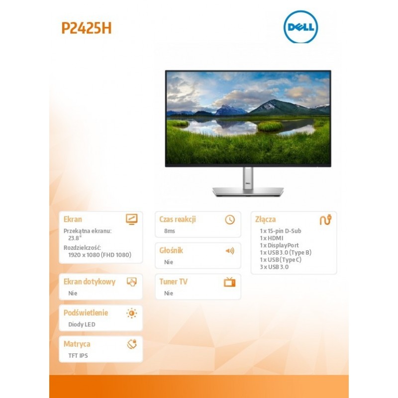 Monitor 24 cale P2425H LED IPS 1920x1080/16:9/DP/VGA/HDMI/USB/3Y Monitor 24 cale P2425H LED IPS 1920x1080/16:9/DP/VGA/HDMI/USB/3Y