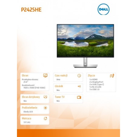 Monitor 24 cale P2425HE LED IPS 1920x1080/16:9/USBC/RJ45/HDMI/DP/USB/3Y Monitor 24 cale P2425HE LED IPS 1920x1080/16:9/USBC/RJ45/HDMI/DP/USB/3Y