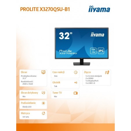 Monitor 32 cale X3270QSU-B1 IPS,WQHD,HDMI,DP,100Hz,250cd,3ms,2x2W, 3xUSB(3.2),FlickerFree,VESA Monitor 32 cale X3270QSU-B1 IPS,WQHD,HDMI,DP,100Hz,250cd,3ms,2x2W, 3xUSB(3.2),FlickerFree,VESA
