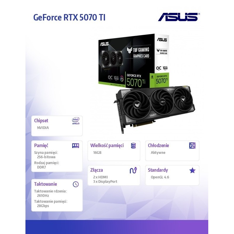 Karta graficzna GeForce RTX 5070 TI TUF GAMING OC 16GB GDDR7 256bit DP/HDMI Karta graficzna GeForce RTX 5070 TI TUF GAMING OC 16GB GDDR7 256bit DP/HDMI