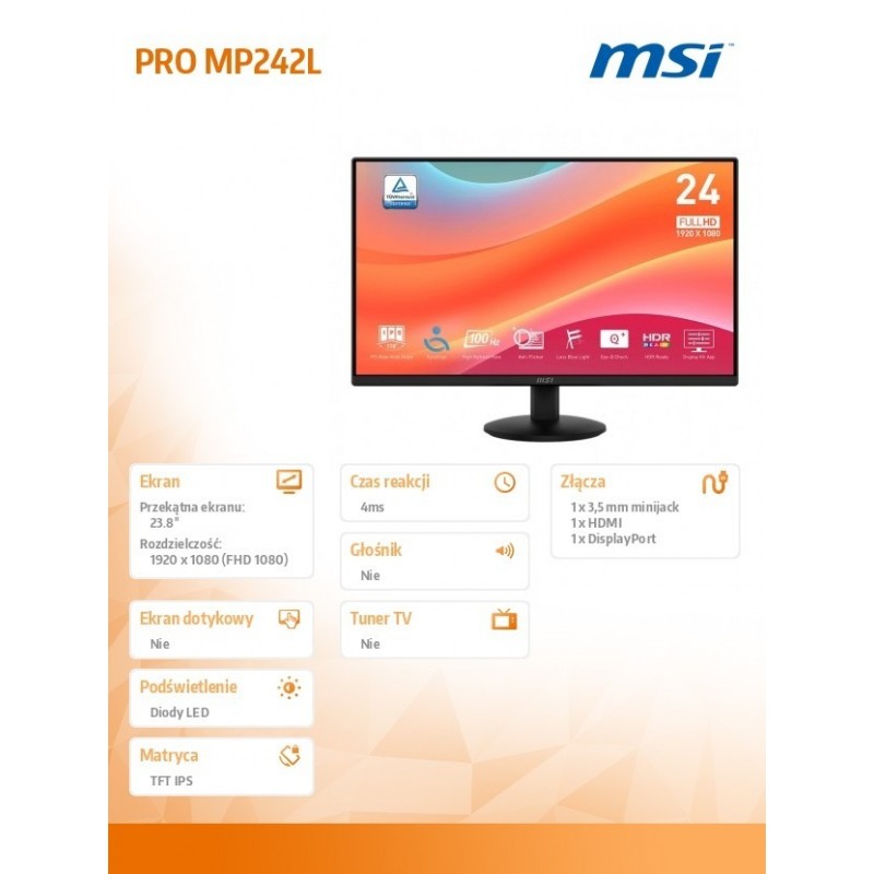 Monitor 23.8 cala PRO MP242L LED/FHD/Flat/100Hz/czarny Monitor 23.8 cala PRO MP242L LED/FHD/Flat/100Hz/czarny