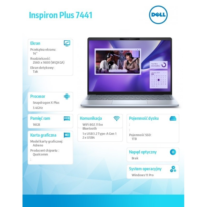 Notebook Inspiron Plus 7441 Win11Pro XELITE12C/16GB/1TB SSD Gen4/14.0 QHD+ Touch/Adreno GPU/FgrPr/Cam & Mic/WLAN + BT/Backlit Kb
