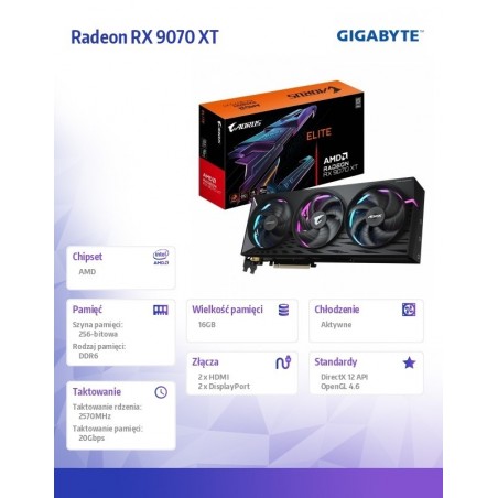 Karta graficzna Radeon RX 9070 XT AORUS ELITE 16GB GDDR6 256bit DP/HDMI Karta graficzna Radeon RX 9070 XT AORUS ELITE 16GB GDDR6 256bit DP/HDMI