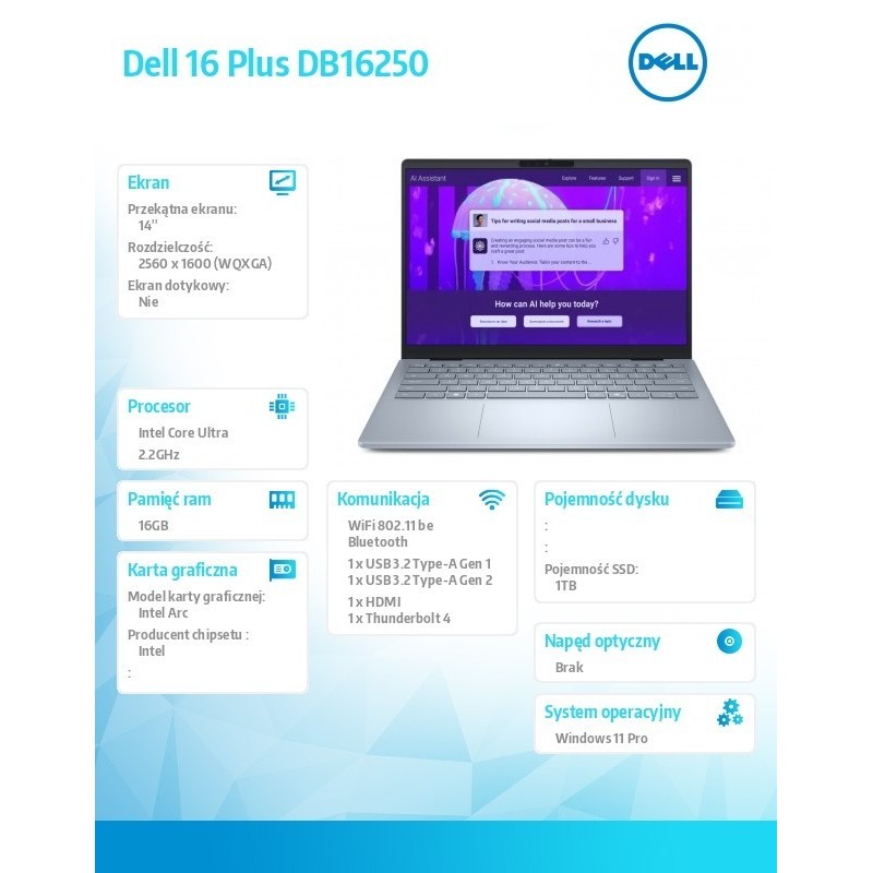Notebook Dell 14 Plus DB14250 Win11Pro Ultra 7 258V/32GB/1TB/14.0 2.5K/Arc/FgrPr/WLAN + BT/Backlit Kb/4 Cell/3Y ProSupport