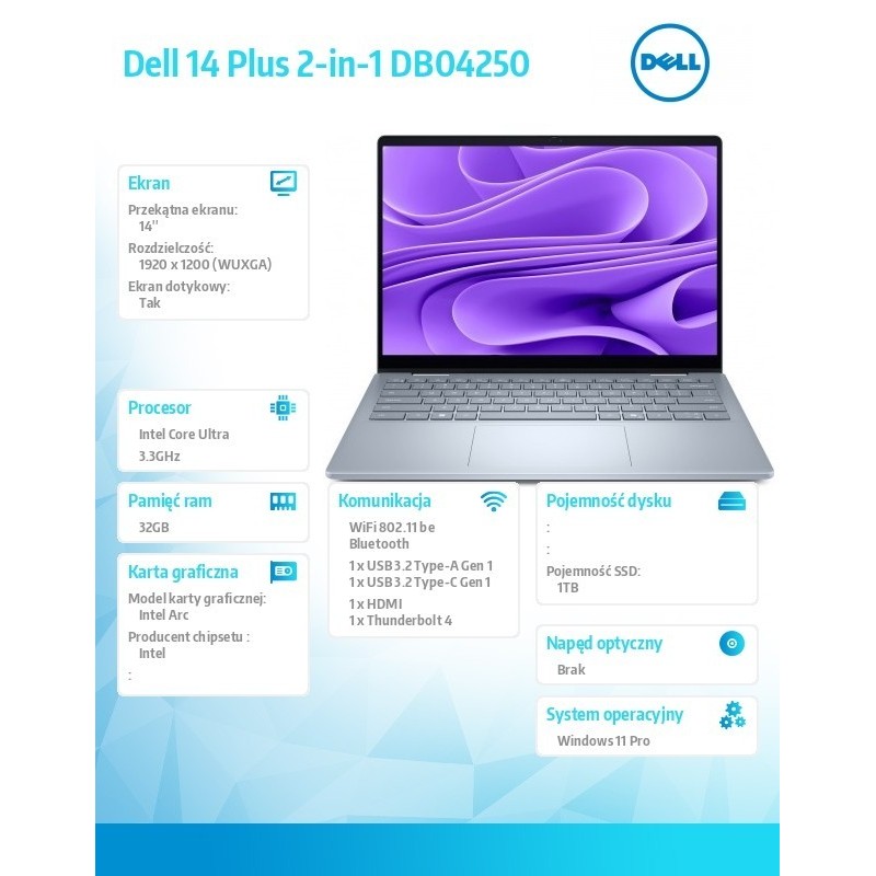 Laptop Dell 14 Plus 2-in-1 DB04250 Win11Pro Ultra 9 288V/32GB/1TB/14.0 FHD+ Touch/Arc/WLAN + BT/Backlit Kb/4 Cell/3Y ProSupport Laptop Dell 14 Plus 2-in-1 DB04250 Win11Pro Ultra 9 288V/32GB/1TB/14.0 FHD+ Touch/Arc/WLAN + BT/Backlit Kb/4 Cell/3Y ProSupport