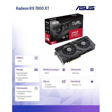 Karta graficzna Dual Radeon RX 7800 XT OC Edition 16GB GDDR6DUAL-RX7800XT-O16G Karta graficzna Dual Radeon RX 7800 XT OC Edition 16GB GDDR6DUAL-RX7800XT-O16G