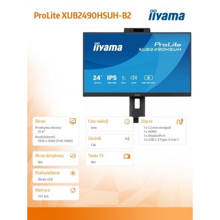 Monitor 24 cale XUB2490HSUH-B2 IPS,FHD,CAM,MIC,HDMI,DP Monitor 24 cale XUB2490HSUH-B2 IPS,FHD,CAM,MIC,HDMI,DP