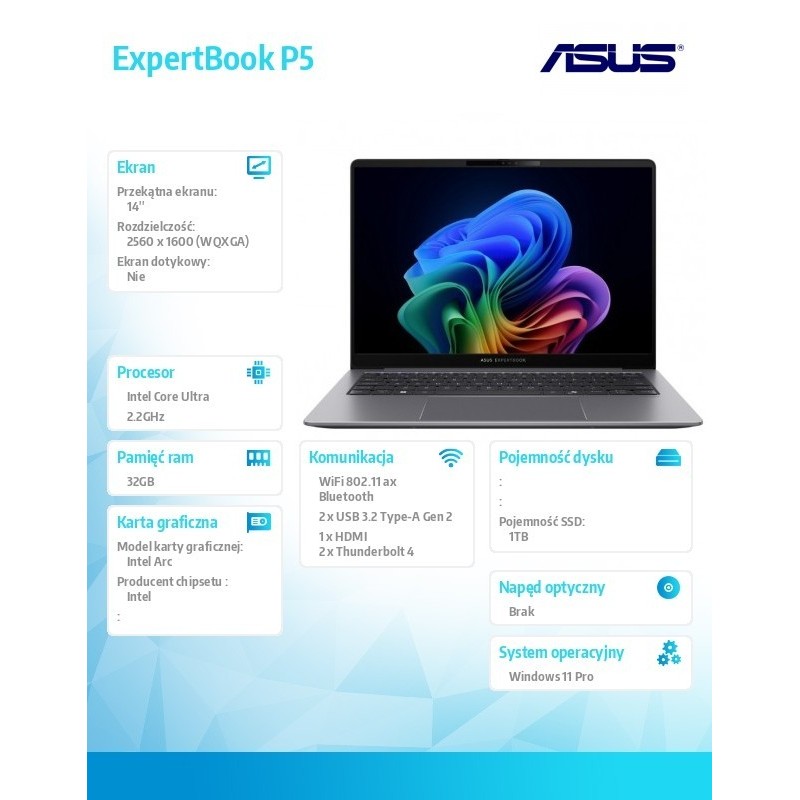 Notebook P5405CSA-NZ0408X ultra 7 258V/14 cali WQXGA/32GB/1TB/ Win 11 PRO/3YRS Notebook P5405CSA-NZ0408X ultra 7 258V/14 cali WQXGA/32GB/1TB/ Win 11 PRO/3YRS