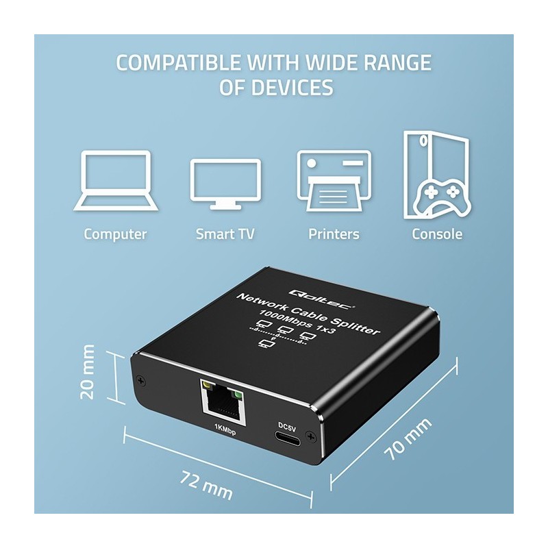 Rozdzielacz Splitter Ethernet mini SWITCH 1x3 RJ45 | 1000Mb/s |  USB-C | Aluminium 